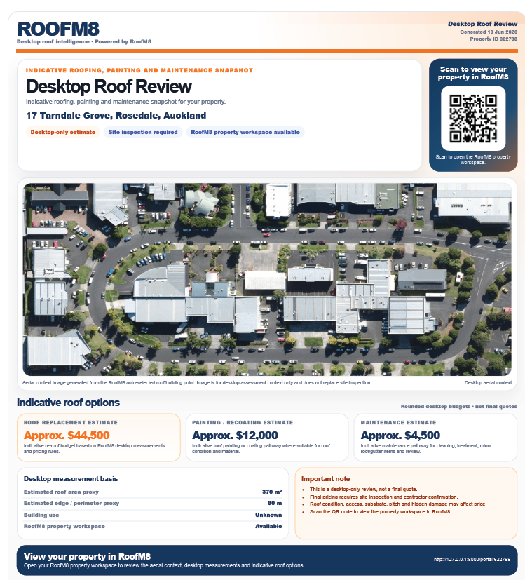 RoofM8 automated outreach one-page roof review